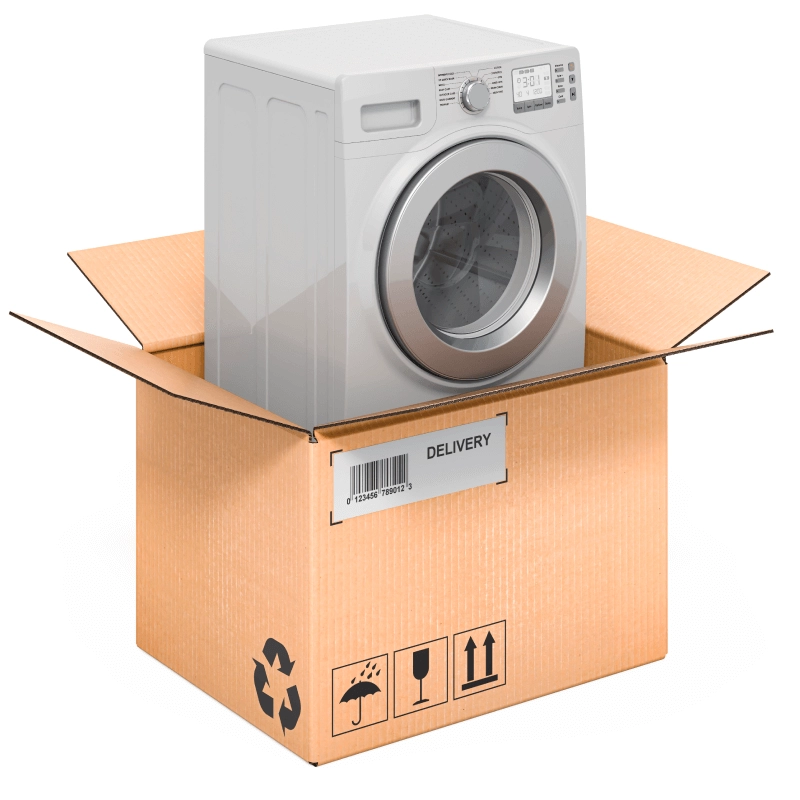 Fotografía de caja con lavadora para mudanza